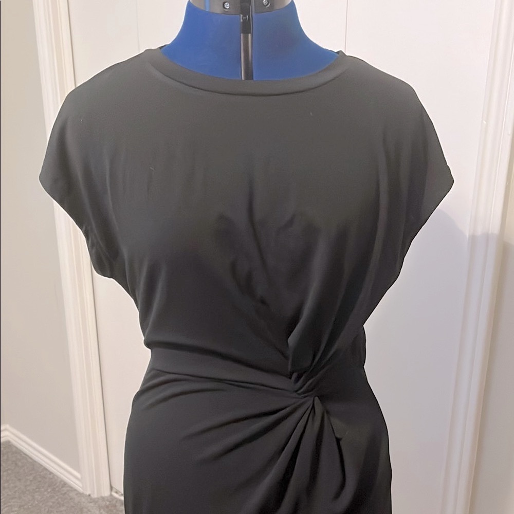 Adibosy Black Tie Front Midi Dress with Cap Dolman Sleeves | LBD - Picture 4 of 12